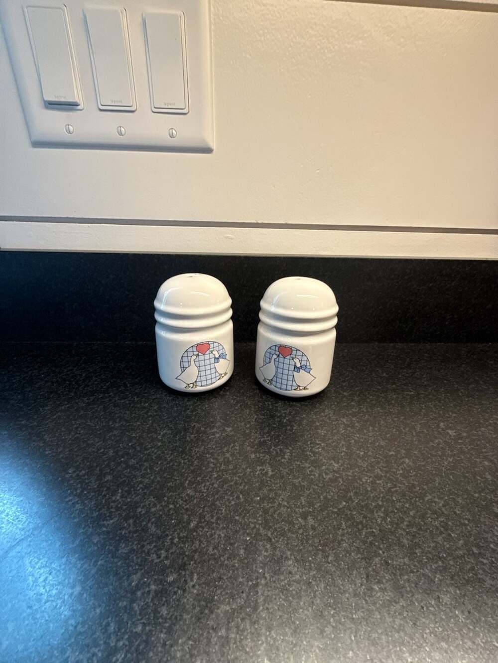 Vintage Ceramic Goose Salt and Pepper Shakers with Blue Plaid Heart Design